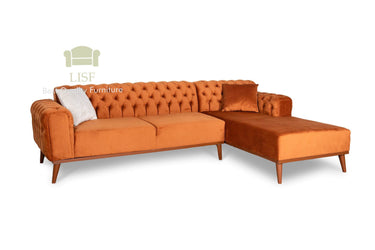 Luxury Verona Corner Sofa in Hot Cinnamon Velvet with Chesterfield Arms - All Cushions Included - UK Luxury Furniture